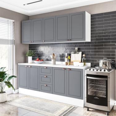 Imagem de Cozinha Pérola com Rodapé e Tampo Aéreos com 5 Portas, Balcão 2 Gavetas 3 Portas e Balcão 2 Portas Y Branco / Cinza