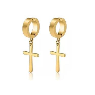 Imagem de Par De Brinco Unissex  Cruz Aço inoxidavel - Ehappy Brasil, Dourado