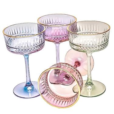 Imagem de Taças de vinho coloridas vintage da Buybox, taças de martini, champanhe, coquetel, margarita, copos coloridos de cupê com borda dourada, copos de haste longa, (260 ml) (ouro colorido, 4 peças)