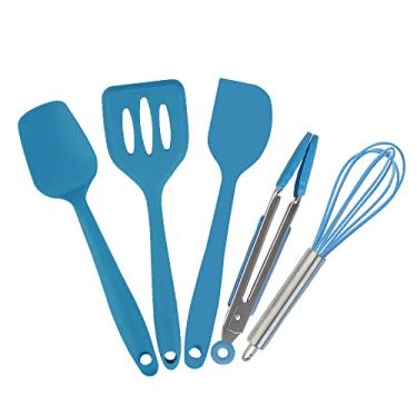 Imagem de Collfa Conjunto de mini utensílios de cozinha - conjunto de cinco peças, minúsculos utensílios de cozinha infantis de silicone - batedor, pinça, colher, espátula com fenda - azul