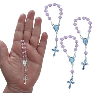 Imagem de Conjunto de 20 Mini Terços com Contas de Pérolas Plásticas de 5mm e Detalhes Prateados, Ideal para Lembrancinhas de Batizado, Casamento e Nascimento (Rosa Claro)