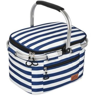 Imagem de Bolsa térmica com vários bolsos, cesta de piquenique dobrável, à prova de vazamento, para acampamento, entrega de refeições, compras, viagem, acampamento, praia, mercearia (azul e branco médio)