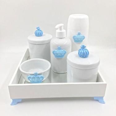 Imagem de Kit Higiene Bebê Porcelana Príncipe Coroa Azul Bandeja Mdf Garrafa 6pç