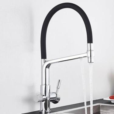 Imagem de Torneira de pia de cozinha dourada escovada, misturador de filtro de água pura, guindaste com alça dupla, purificação de água quente e fria, cromada