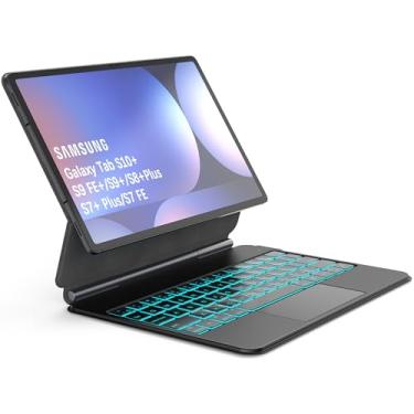 Imagem de inkolelo Capa com teclado para Samsung Galaxy Tab S10+/S9 FE+/S9+/S8+ Plus/S7+ Plus/S7 FE 31,5 cm, suporte magnético cantilever flutuante e retroiluminado em 7 cores, suporte multicolorido, trackpad