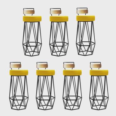 Imagem de Kit 07 Banqueta Com Encosto Botti Hexágono Cozinha Peroba Rosa Ferro Preto Corino Amarelo - Ahz Móveis