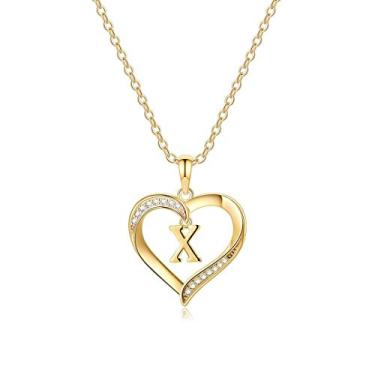 Imagem de Colar com inicial de coração para mulheres, banhado a ouro 14 K, colar com pingente de coração de zircônia cúbica, delicado com inicial inicial de A a Z, joia para mulheres e meninas, Latão, Zircônia
