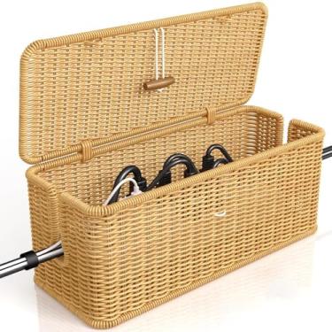 Imagem de Caixa Organizadora de Cabos - Trançado Em Rattan Artificial Para Organização De Cabos - Cesto De Armazenamento Com Tampa E Fecho Para Computador, Router E Hub USB