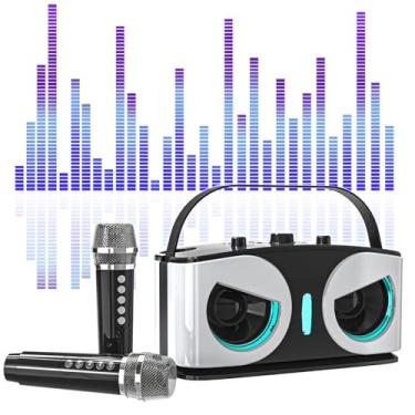 Imagem de Máquina de karaokê Bluetooth profissional Owl - microfone duplo + amplificador + tocador de música, remove vocais originais, baterias de 2400mAh + 800mAh, efeitos de luz LED, perfeita para reuni