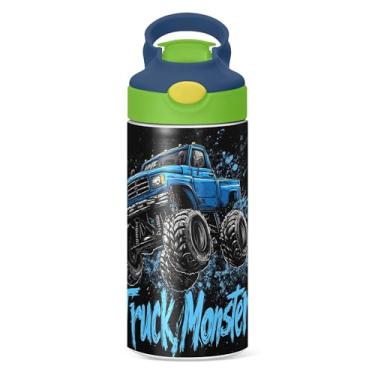 Imagem de Garrafa de água infantil preta Monster Truck com canudo e alça de transporte, garrafas de aço inoxidável isoladas a vácuo, tampa verde de 350 ml, à prova de vazamento, para meninos e meninas de 4 a 8
