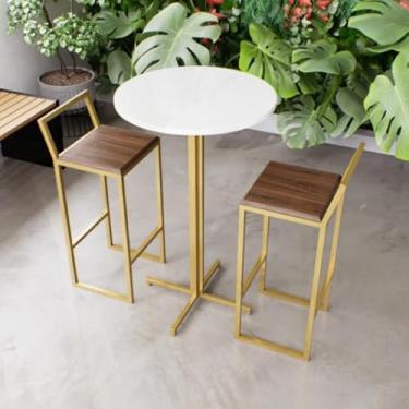Imagem de Jogo Mesa Alta Bistrô Redonda Branca 2 Banquetas Imbuia Confort Industrial Dourado