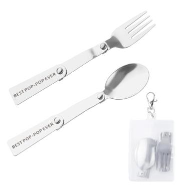 Imagem de Conjunto de colher e garfo dobrável Pop Pop Best Pop Ever Utensílios de viagem com estojo, presente de aposentadoria para papai avô, conjunto de colheres de garfo portátil, 2 peças, piquenique