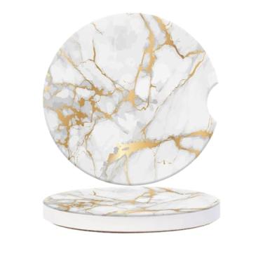 Imagem de Porta-copos de carro para mulheres e homens, pacote com 2 inserções de suporte de copo de cerâmica com mármore de ouro branco, acessórios interiores automotivos elegantes com entalhe para fácil