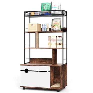 Imagem de Caixa de areia oculta com rack de armazenamento e poste arranhador de gatos móveis 2 em 1 para animais de estimação de madeira e metal com prateleira tapete acolchoado para corredor