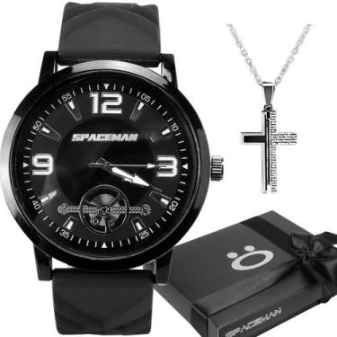 Imagem de Kit Relogio Masculino analogico silicone preto +colar - Orizom