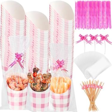 Imagem de Bokon Conjunto de 100 copos de charcutaria de 400 ml com palito e saco, batatas fritas descartáveis, salgadinhos, pipoca, sobremesa, suporte de frutas para aniversário, casamento, formatura (rosa