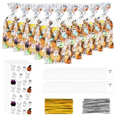Imagem de letesult 150 peças de sacos de doces de celofane fantasma de Halloween, sacos de plástico transparente, saco de guloseimas de abóbora fantasma com 150 cartões de presente e 300 laços torcidos para