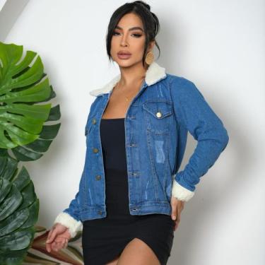 Imagem de Jaqueta Jeans Feminina Pelúcia Na Gola e Punho Confortável - SELLER PR