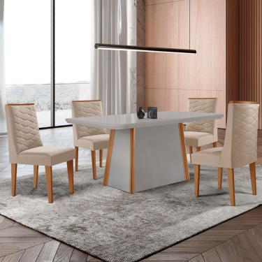 Imagem de Mesa De Jantar Diane 120cm Tampo Mdf Vidro 4 Cadeiras Safira Veludo Creme Off White Naturale Com Vidro