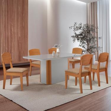 Imagem de Mesa De Jantar Isadora 180cm Tampo Mdf Vidro Com 6 Cadeiras Turim 07 Naturale Serigrafi...