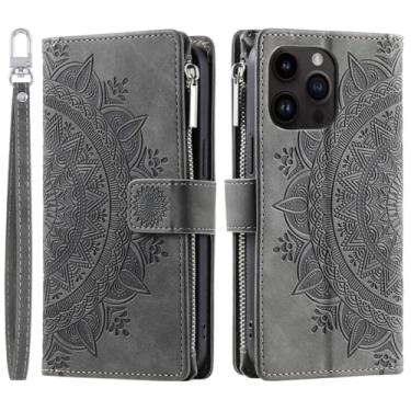 Imagem de HJZSZX Para iPhone 16 Pro Max Crossbody Couro Flip Case Long Lanyard Zip Wallet Card Phone Cover (Para iPhone 16 Pro Max/Cinza)
