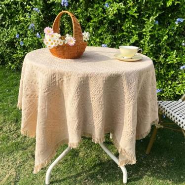 Imagem de Toalha de mesa pequena para mesa redonda, toalha de mesa de algodão com macramê de cor sólida, tecido lavável resistente a amassados, capa de mesa de café, para sala de estar, cozinha, festa