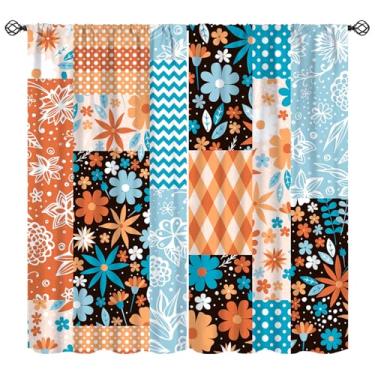 Imagem de Cortinas de retalho, folhas florais e tratamentos de janela de fundo geométrico, cortinas de isolamento térmico retrô com bolso para varão para quarto, sala de estar, cozinha, 106,7 cm L x 114,3 cm C