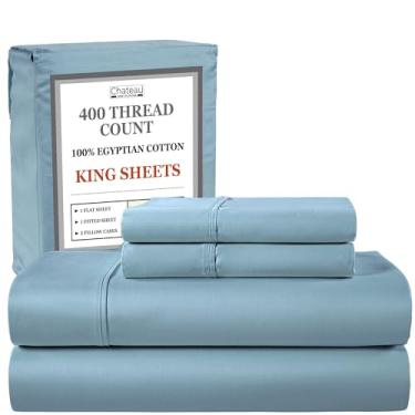 Imagem de Lençóis 100% algodão para cama king size, conjunto de lençóis King com bolso profundo certificado de 400 Tc, conjuntos de lençol elástico e fronha, sem comprimidos e encolhimento, macio e confortável