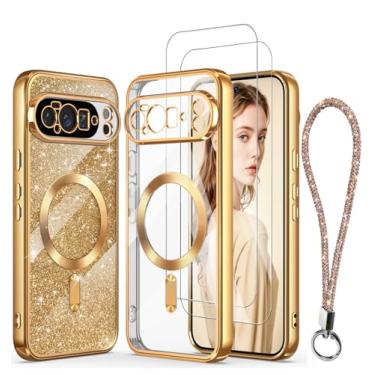 Imagem de DagoRoo Capa magnética para Google Pixel 10 Pro XL + 2 películas protetoras de tela, borda dourada banhada de luxo [cartão de glitter e alça de pulso] Capa fina e macia de TPU TPU à prova de choque