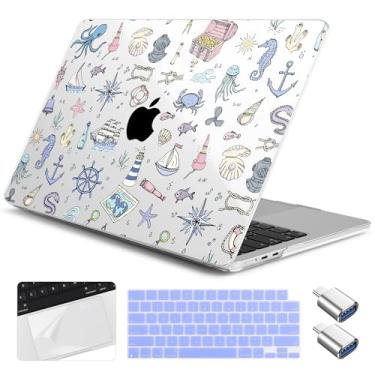 Imagem de Yebiseven Capa para MacBook Air 13,6 polegadas M4/M3/M2 2025 2024 2023 2022 lançado A3240/A3113/A2681, capa rígida para laptop com capa de teclado e protetor de trackpad e 2 adaptadores OTG, ícones do