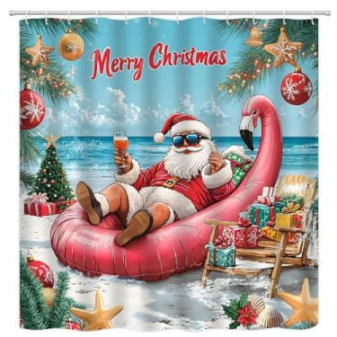 Imagem de PZMPZM Cortina de chuveiro engraçada Papai Noel praia palmeira árvore de Natal bola oceano tropical litoral inverno férias banheiro cortinas de tecido poliéster com ganchos 70Lx70A polegadas