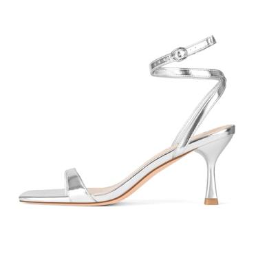 Imagem de Adrizzlein Salto gatinho para mulheres, salto com tiras, bico quadrado, bico aberto, cadarço e salto alto, tira no tornozelo, sapatos de festa, Prata, 36