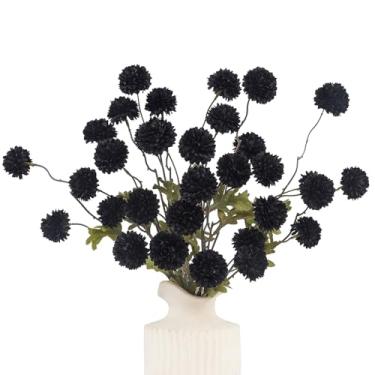 Imagem de DuHouse 6 peças de flores pretas de seda sintética, mini bola de crisântemo de seda pequena com hastes para buquês de casamento faça você mesmo, centro de mesa, decoração de Halloween (preta)