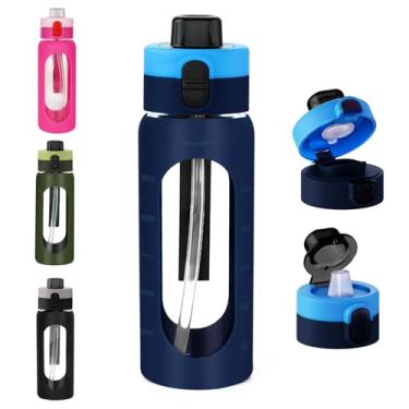 Imagem de ANOTION Garrafa de água de vidro de 680 g, garrafa de água esportiva grande com tampa de bebida dupla, garrafas de vidro transparentes à prova de vazamentos com canudo, jarro motivacional com manga de
