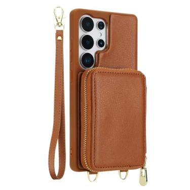 Imagem de HAOMRIYL Capa bolsa para Samsung Galaxy S25 Ultra/S25 Plus/S25, bolsa com zíper para cartão, capa de couro com suporte à prova de choque, alça de ombro, marrom, S25plus