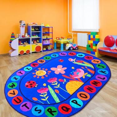 Imagem de USTIDE Tapete oval grande infantil 15 x 25 cm, letras do alfabeto ABC, educativo e divertido, tapete de sala de aula, antiderrapante, tapete de área de aprendizagem infantil para quarto e sala de