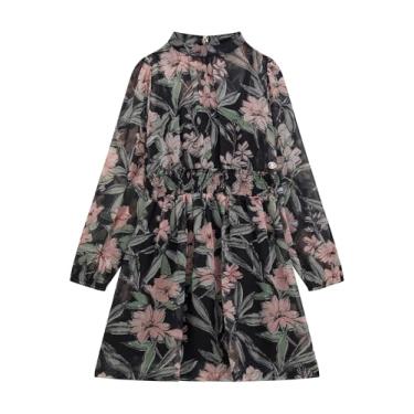 Imagem de GUESS Vestido de manga comprida de chiffon floral para meninas, Combo de flores em aquarela preto, 14 Anos