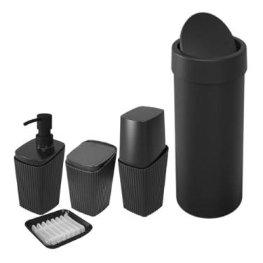 Imagem de Kit Banheiro Porta Escova Cotonete Dispenser Saboneteira Lixeira Basculante 9L New Square Preto