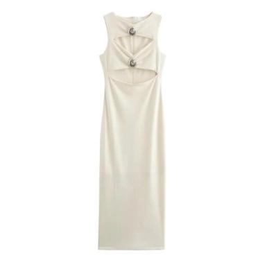 Imagem de Vestido Longo Branco Feminino Slimming Com Mangas Vazadas Moda Outono 