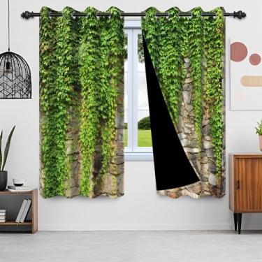 Imagem de SIEDYCV Cortinas de janela de parede de tijolo de pedra rústica, 53 x 113 cm, folhas de hera verde, videira, rocha, cortinas de janela com forros pretos, isolamento térmico, cortinas blackout para