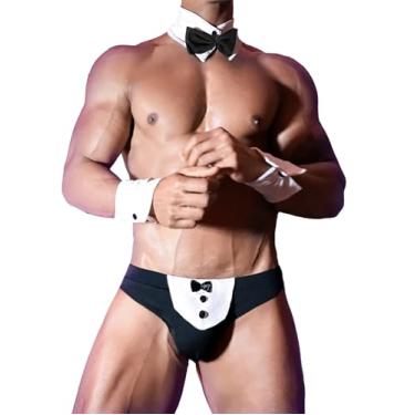 Imagem de Avidlove Cuecas masculinas sensuais, lingerie de cavalheiro, laço com laço, fantasia cosplay, shorts e gravata borboleta, conjunto com 4 peças, Preto, G