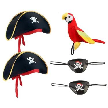 Imagem de Conjunto de 5 peças de chapéu de pirata com ombro acolchoado, papagaio e tapa-olhos, acessórios de fantasia de pirata com estampa de caveira para adultos, decorações divertidas de festa de formatura