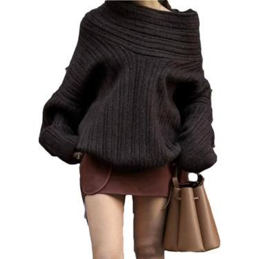Imagem de Suéter feminino LETSVDO de malha marrom sem ombros