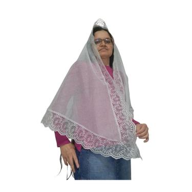 Imagem de Véu CCB Organista Renda Larga Tule Redondo Retangular Adulto