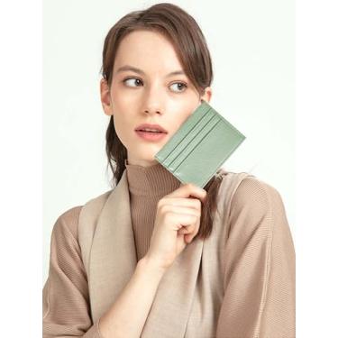 Imagem de Carteira minimalista de couro genuíno, carteira fina para cartão de crédito com bolso frontal para homens e mulheres, Verde claro, Slim, Porta-cartão