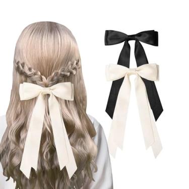 Imagem de Laços modernos para mulheres – laços de cabelo bege e preto, clipes de laço de cauda longa, clipes deslizantes de metal, acessórios de cetim para estilo de rabo de cavalo, perfeitos para uso formal e