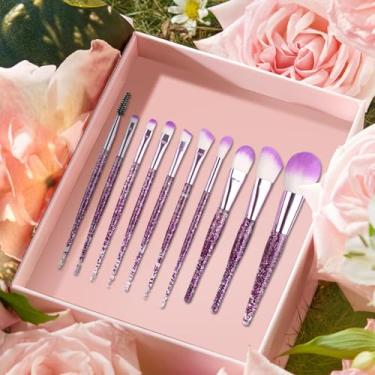 Imagem de Conjunto de pincéis de maquiagem com 10 peças, pincéis de sombra com glitter de cristal, ferramentas de sobrancelha, blush, contorno e maquiagem facial para iniciantes e profissionais