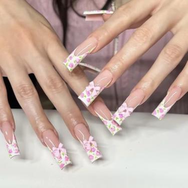 Imagem de Kit de unhas prensadas longas quadradas francesas de cola falsa conjunto de unhas com lindo design de laço rosa 3D capa completa bastão falso artificial em unha de acrílico para mulheres 24 peças