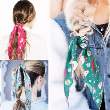 Imagem de Cachecol de cabelo para mulheres, laço atado, laços de cabelo com estampa floral, faixas elásticas, fita de cabelo apertada, suporte de rabo de cavalo para meninas, 3 peças, Natal