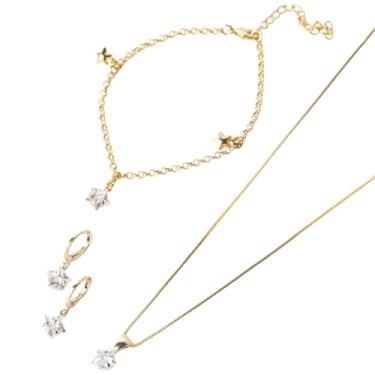 Imagem de Conjunto Semijoia Folheada a Ouro 18k Colar Pulseira Brinco Fecho Click Zircônia Estrela Cristal